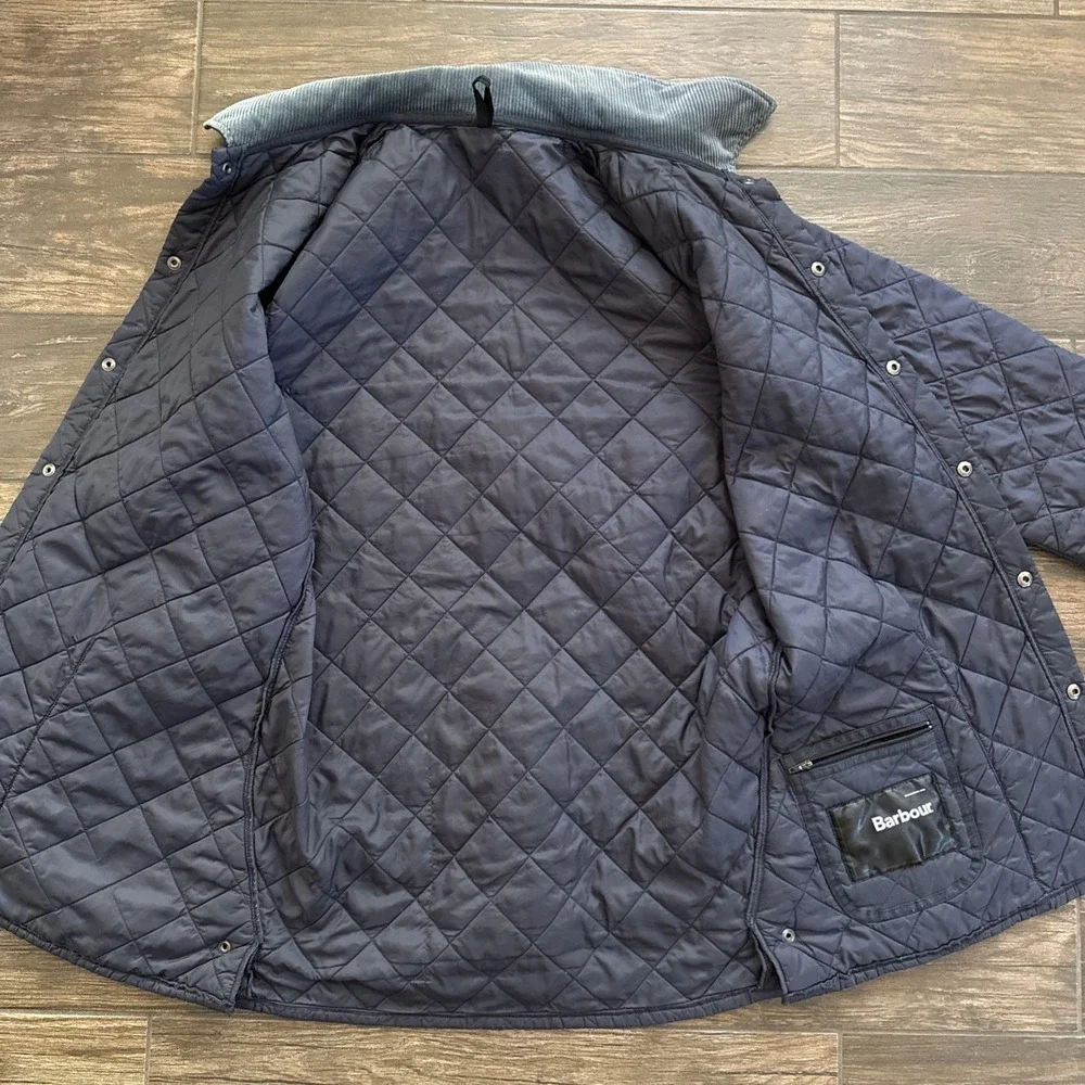 Barbour Liddesdale Jacket Men Medium Navy Blue Quilted Corduroy Collar Snap Coat - Picture 4 of 10